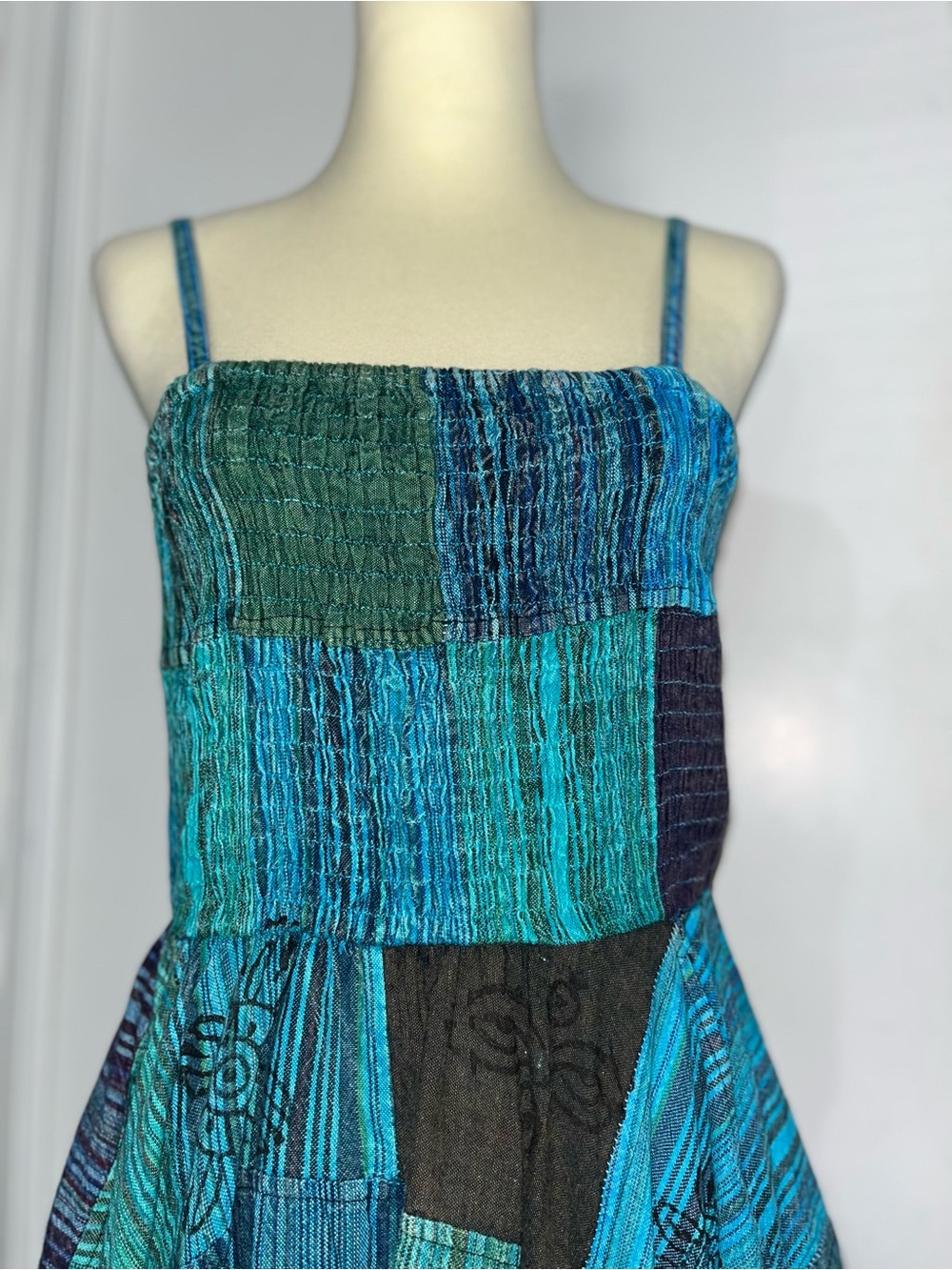 Ananta Cotton Patchwork & Printed Dress  Boho Crochet Trim Smocked Bodice NWT - Picture 2 of 13